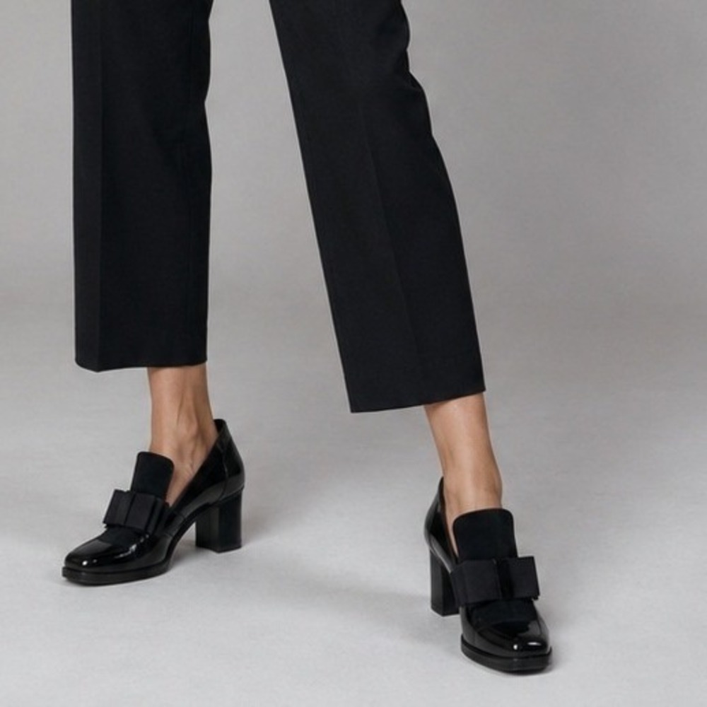 90s Black Patent Suede Bow Block Heel Loafer Pumps Square Toe Red Bottoms